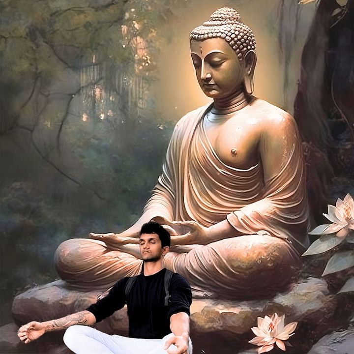 An illustration of the author meditating at the feet of a Bronze Buddha in nature