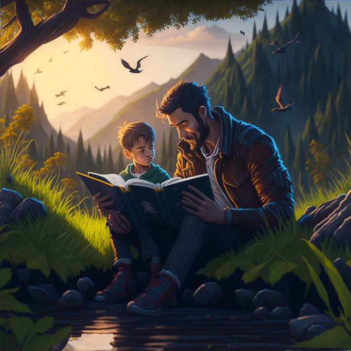 A beautiful illustration of a father and son reading a big book together amidst lush green fields and flying birds in nature