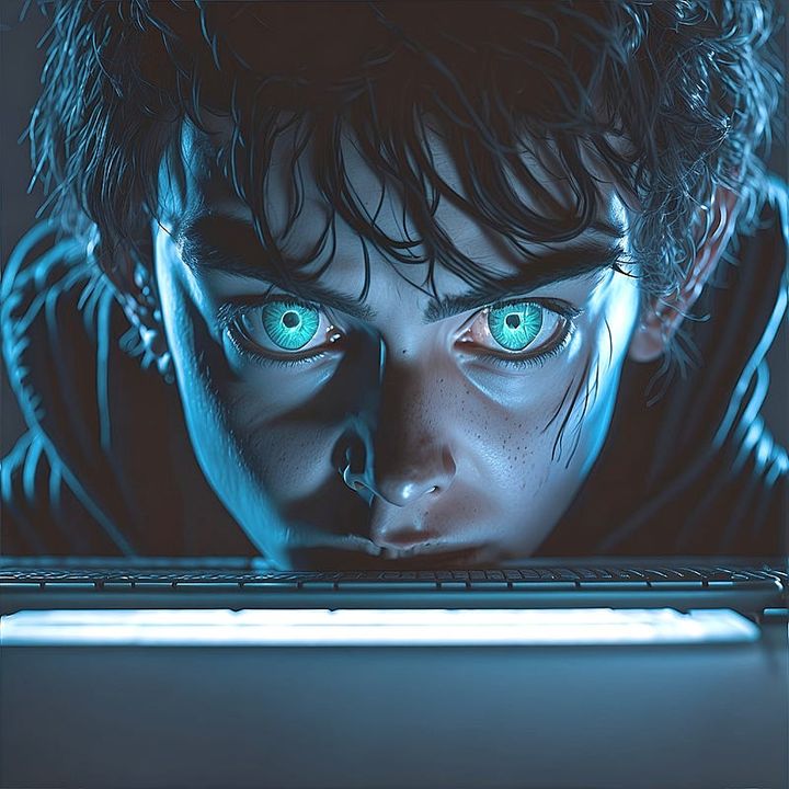 A disturbing image of a teenage boy with one red eye staring piercingly into the camera
