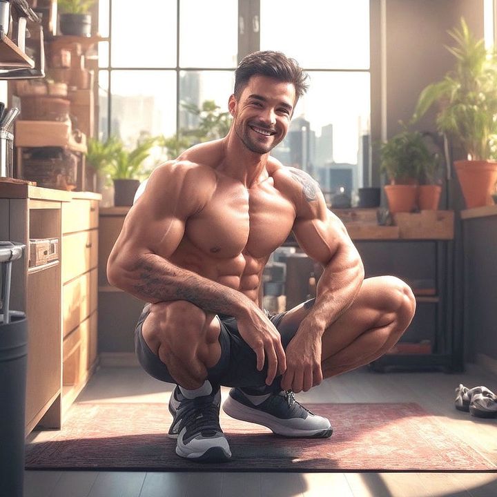 An AI-generated image of a muscular young man squatting in a sunlit kitchen