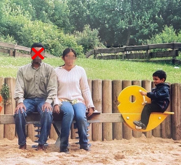 Childhood photo of the author sitting on a see-saw with his parents (Faces blurred for privacy reasons)