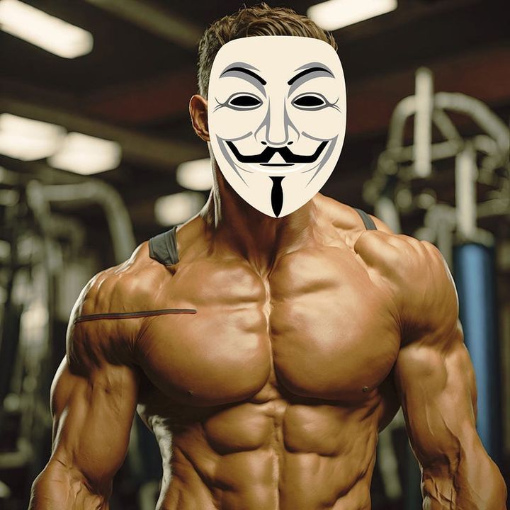 AI-generated image of a shredded model with a face hidden behind a mask